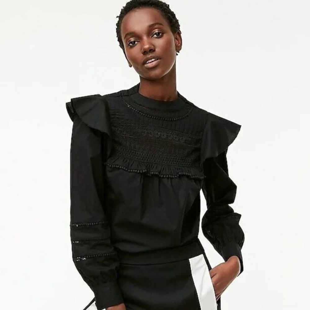 J. Crew Black Crochet Ruffled Blouse